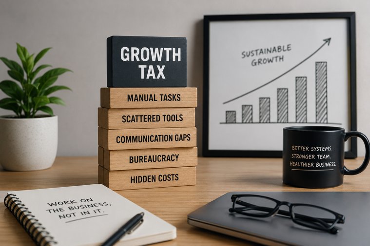 A desk scene illustrating the hidden cost of business growth: wooden blocks stacked and labeled with "Manual Tasks," "Scattered Tools," "Communication Gaps," "Bureaucracy," and "Hidden Costs," capped by a "Growth Tax" block. A framed sketch of a rising bar chart labeled "Sustainable Growth" sits behind a mug reading "Better Systems. Stronger Team. Healthier Business."